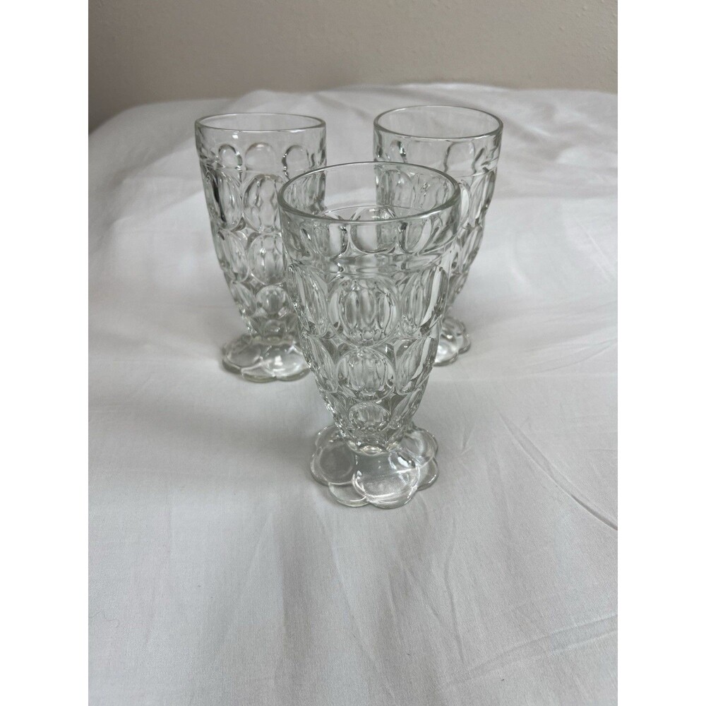 Set of 3 Vintage Thumbprint Drinking Glass Milkshake Jeanette Footed Floral